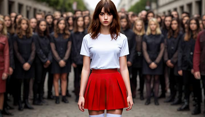 Dafne en la multitud. Imagen generada con IA por mí. Imagen de una chica en falda roja y polera blanca rodeada de una multitud opaca.