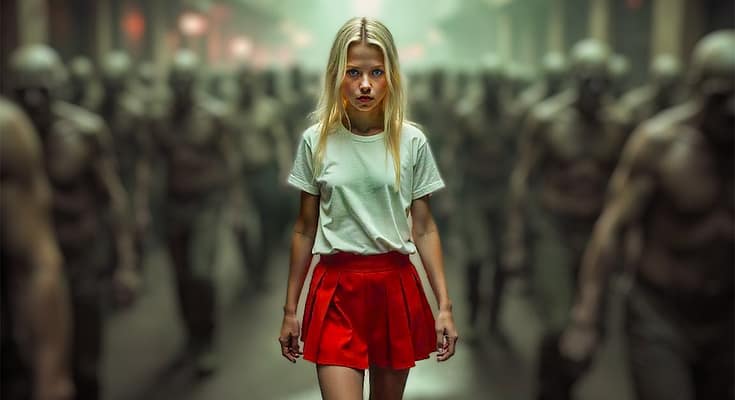 Imagen de Eleanor con corta falda roja y polera blanca. rodeada por una multitud gris.